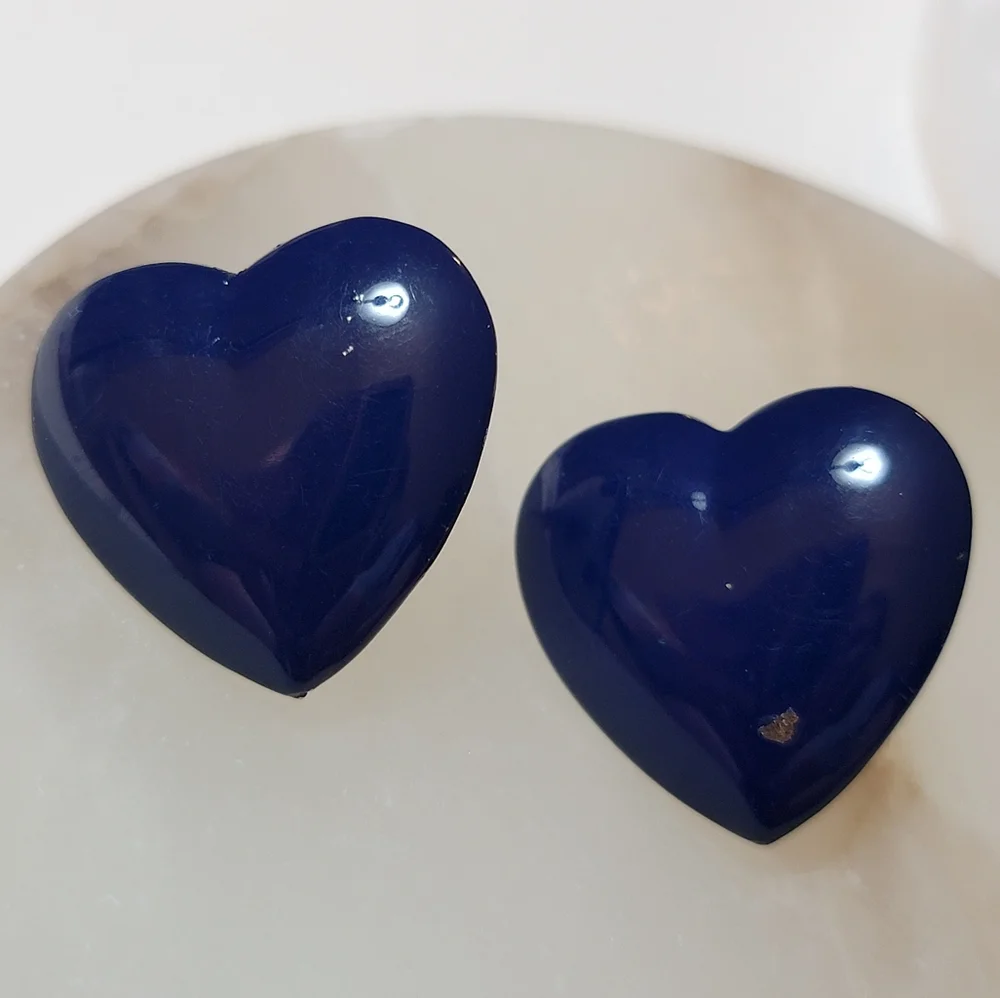 Vintage Navy Puffed Heart Pierced Earrings Blue